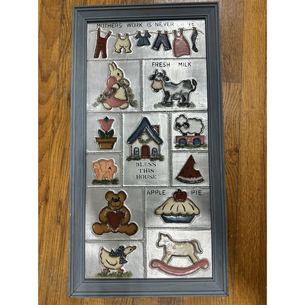 Vintage Punched Tin Wall Hanging Wood Frame A mother's work Farmhouse 27x14